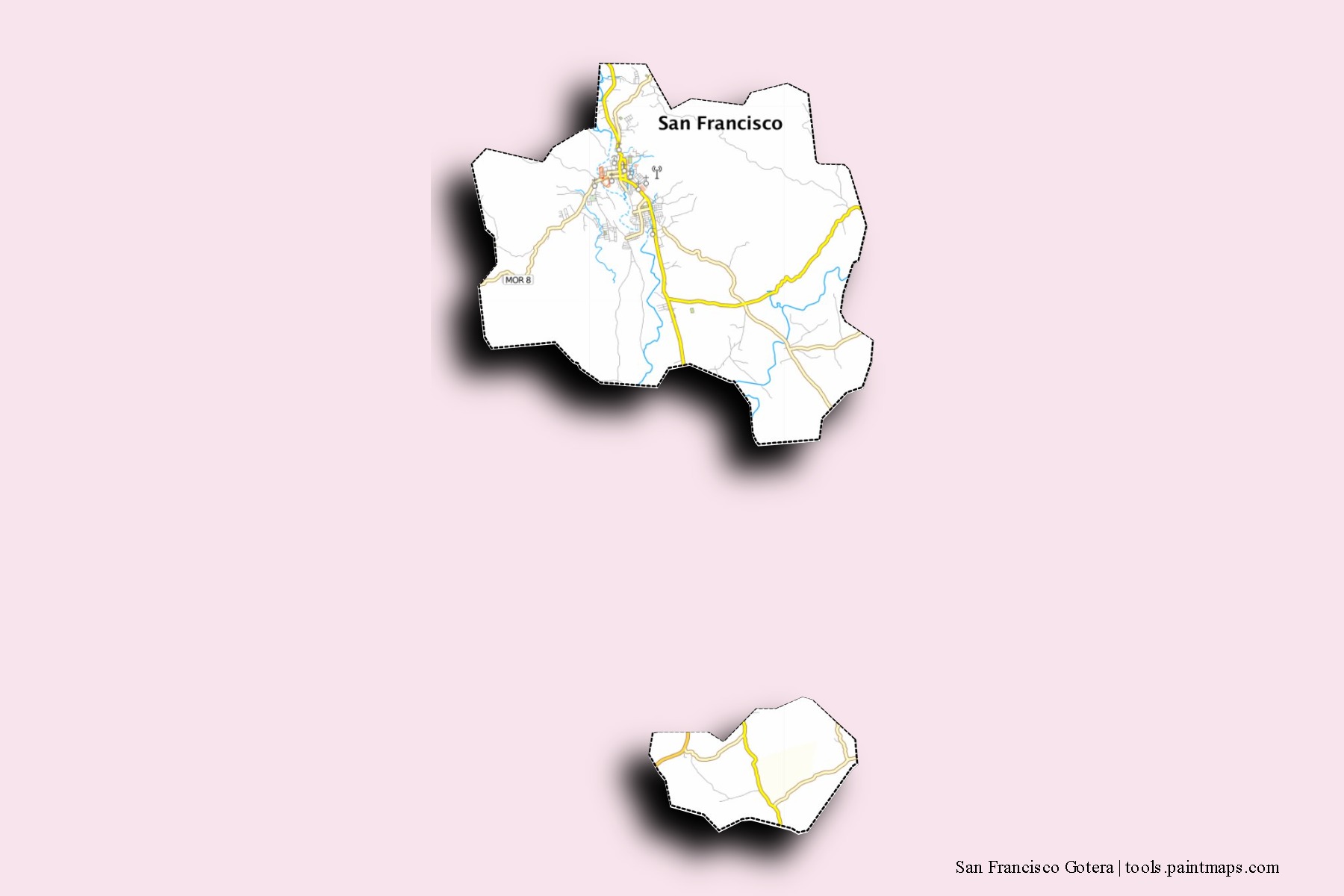 Mapa de barrios y pueblos de San Francisco Gotera con efecto de sombra 3D