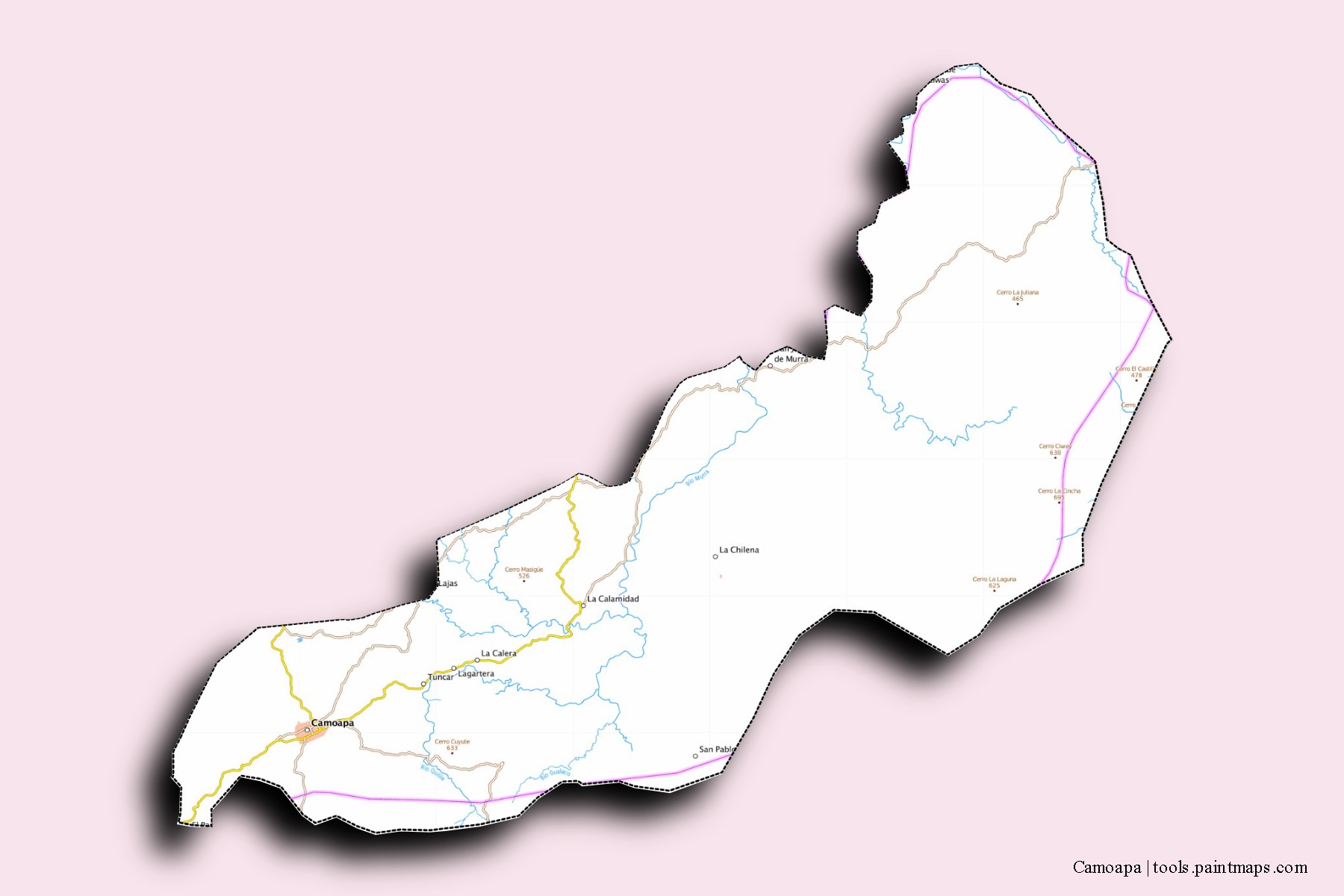 Mapa de barrios y pueblos de Camoapa con efecto de sombra 3D