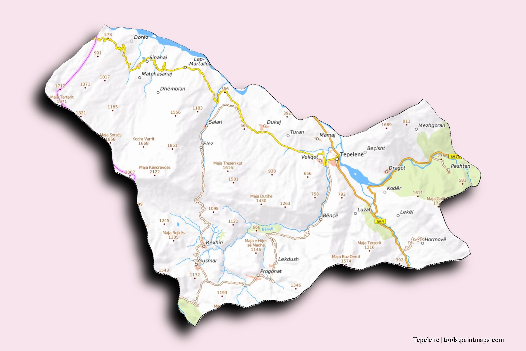 Mapa de barrios y pueblos de Tepelenë con efecto de sombra 3D