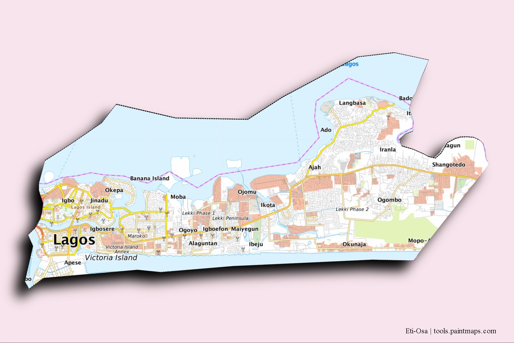 Mapa de barrios y pueblos de Eti-Osa con efecto de sombra 3D