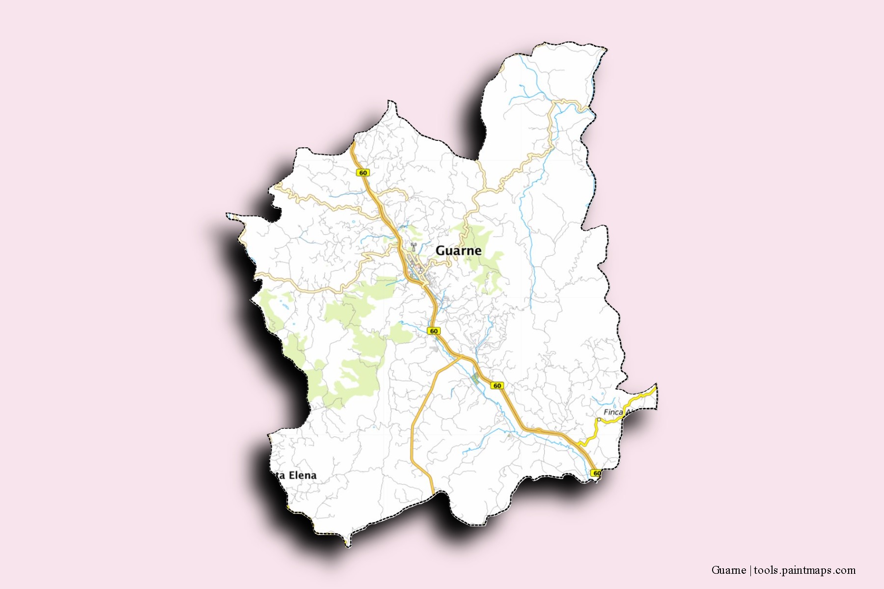 Mapa de barrios y pueblos de Guarne con efecto de sombra 3D