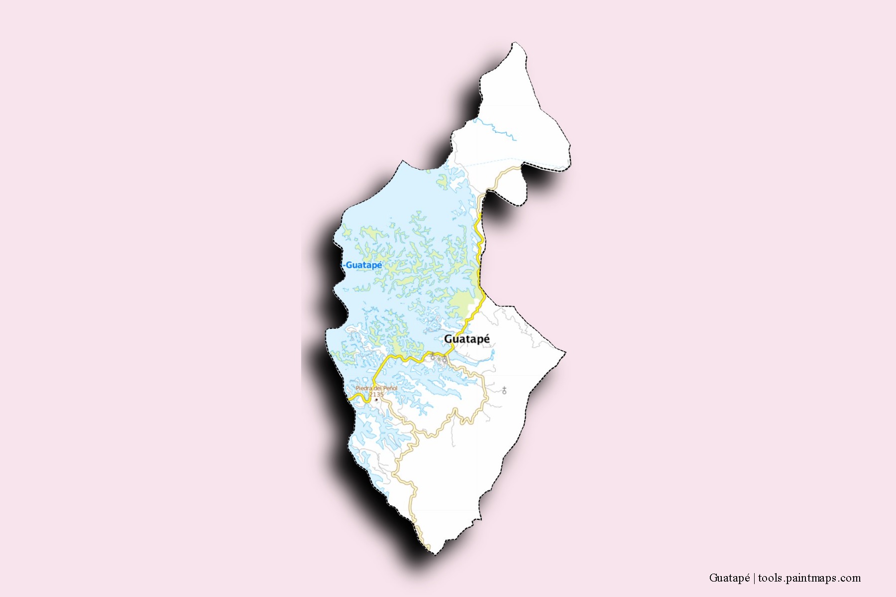 Guatapé neighborhoods and villages map with 3D shadow effect