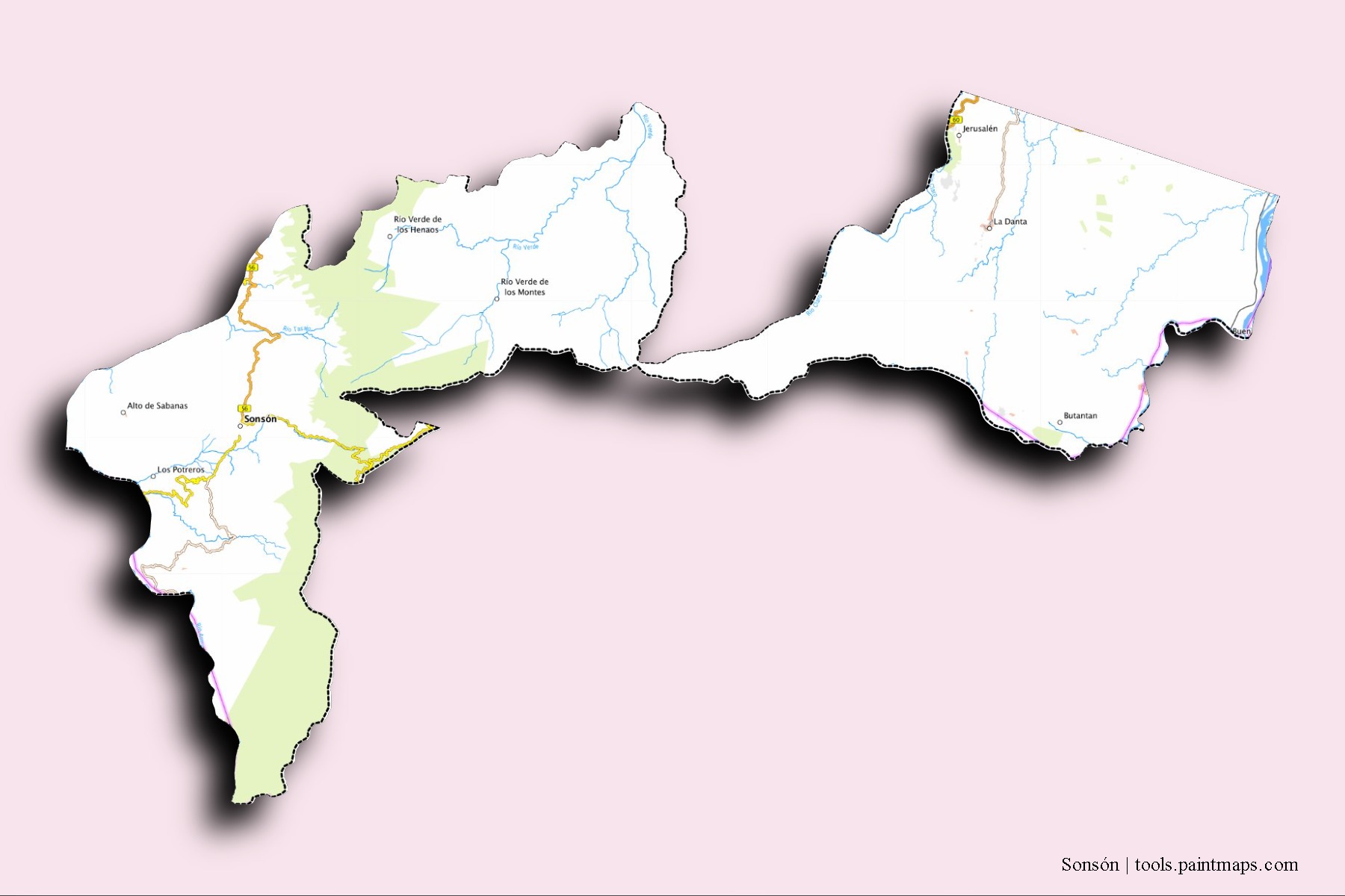 Sonsón neighborhoods and villages map with 3D shadow effect