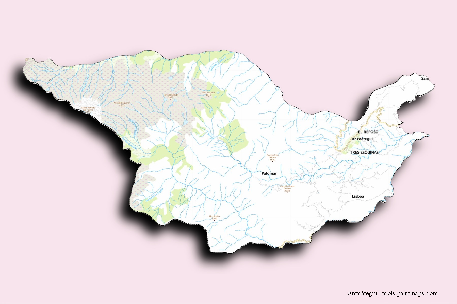 Anzoátegui neighborhoods and villages map with 3D shadow effect