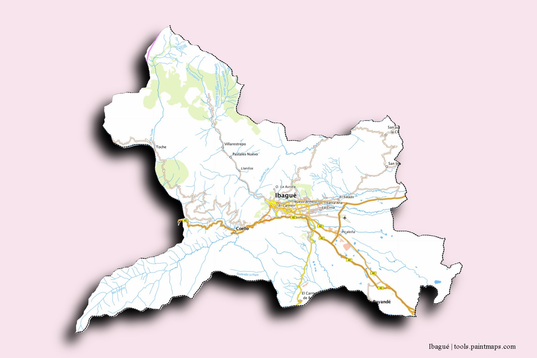 Mapa de barrios y pueblos de Ibagué con efecto de sombra 3D