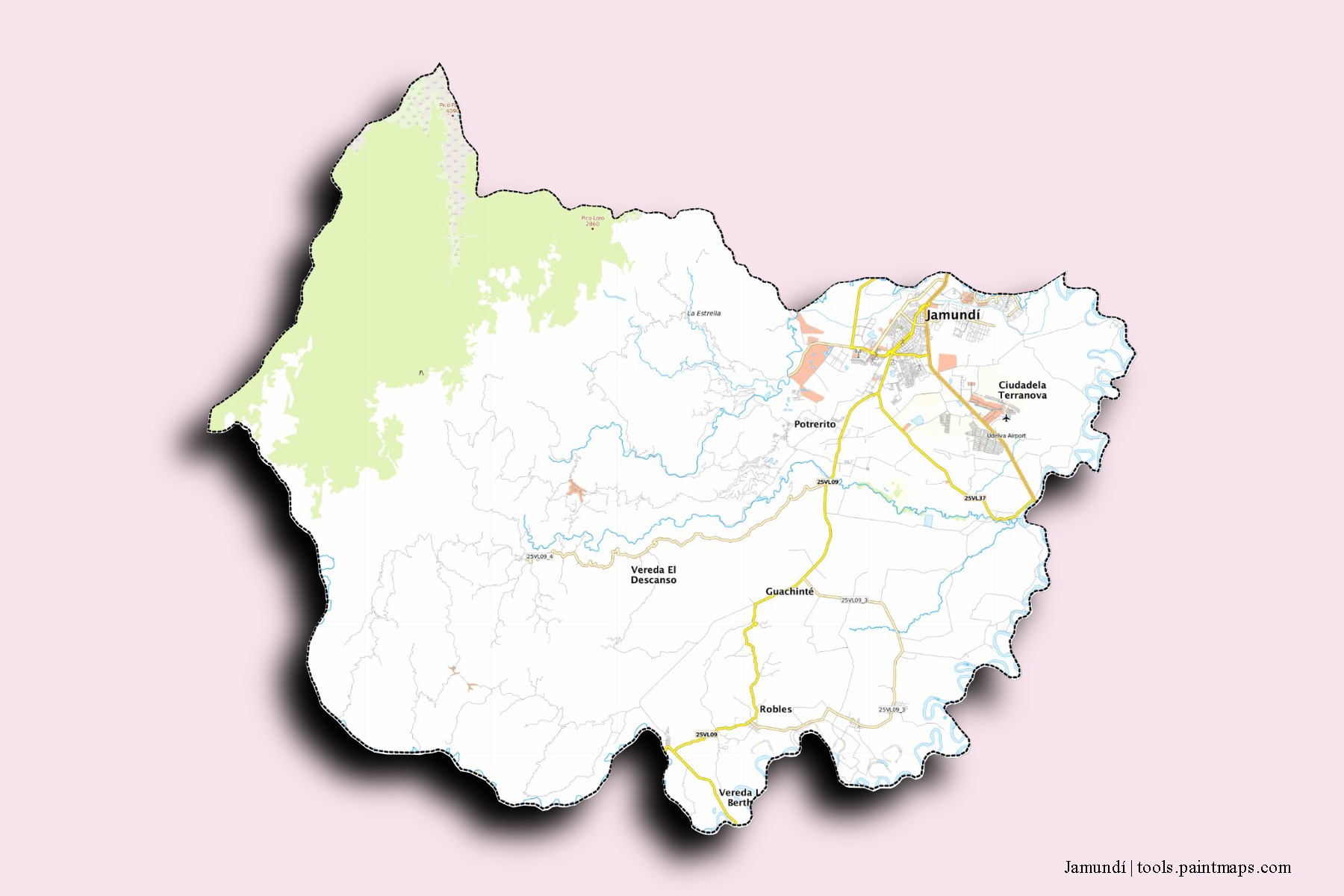 Mapa de barrios y pueblos de Jamundí con efecto de sombra 3D