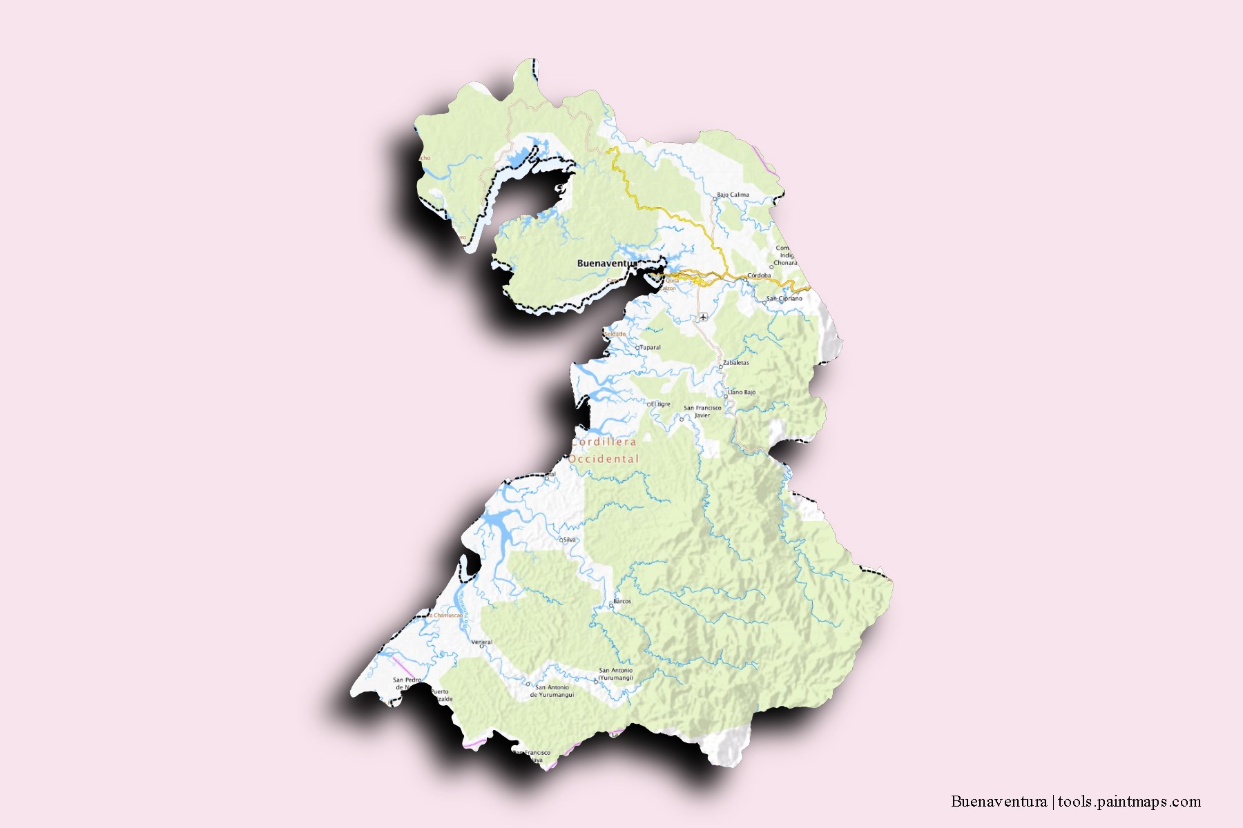 3D gölge efektli Buenaventura mahalleleri ve köyleri haritası