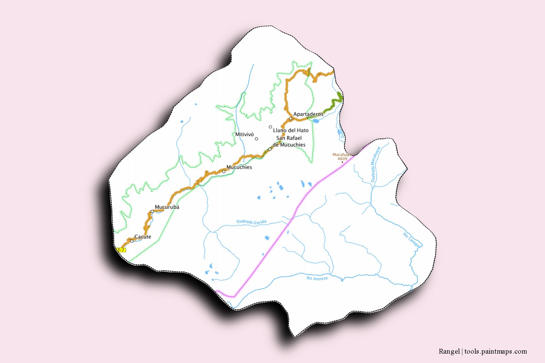 Mapa de barrios y pueblos de Rangel con efecto de sombra 3D