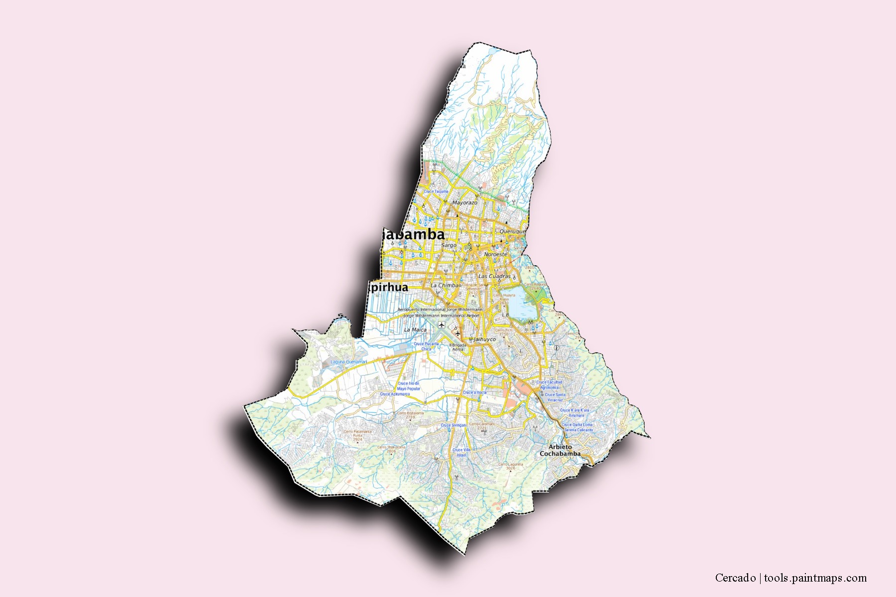 Cercado neighborhoods and villages map with 3D shadow effect