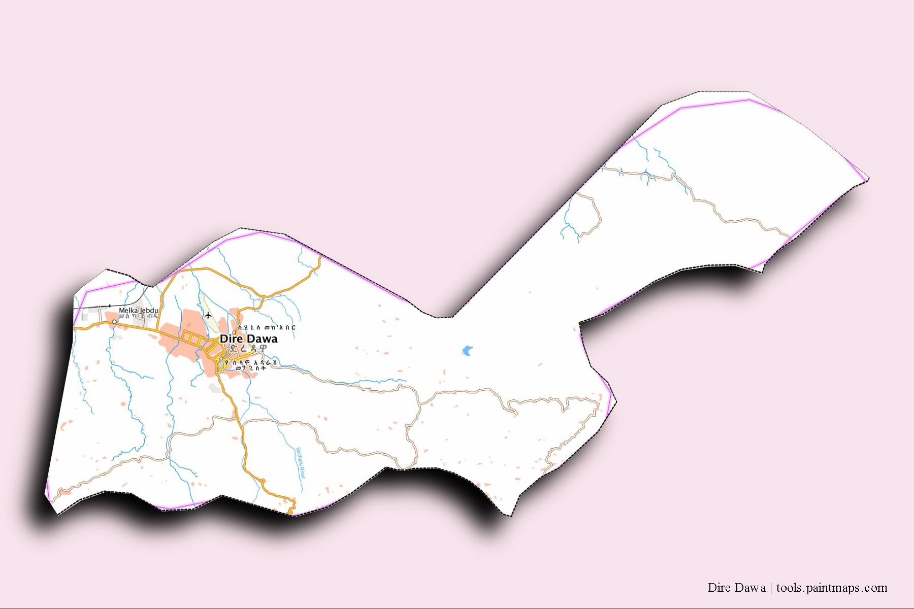 Mapa de barrios y pueblos de Dire Dawa con efecto de sombra 3D