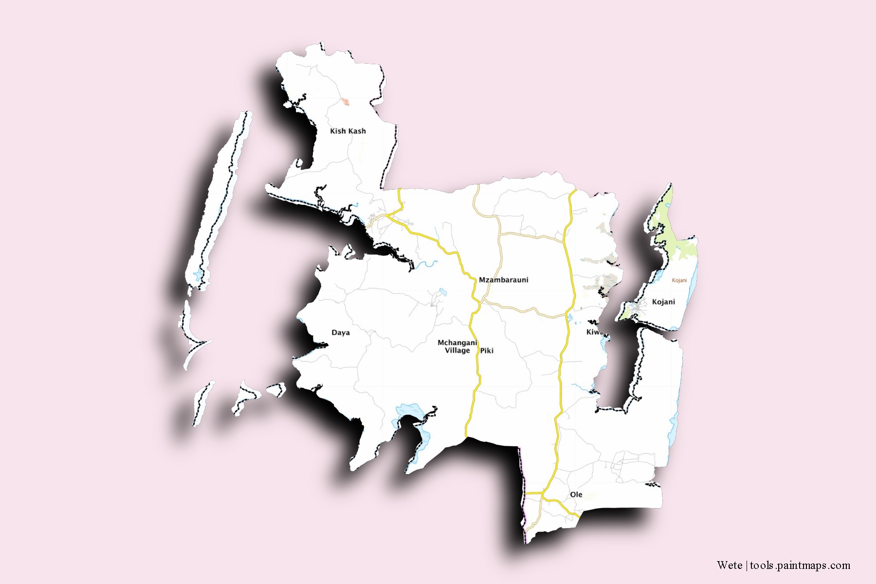 Mapa de barrios y pueblos de Wete con efecto de sombra 3D