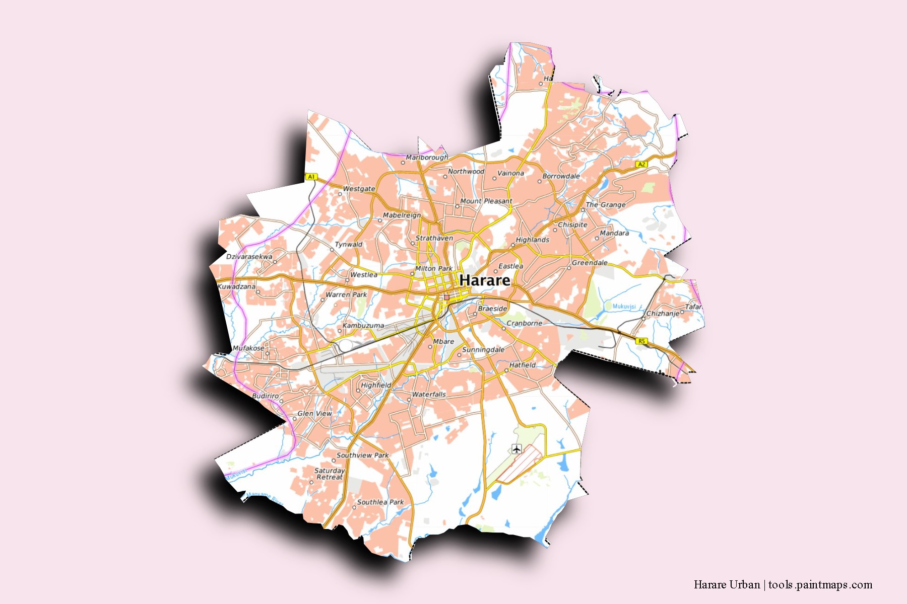 Harare neighborhoods and villages map with 3D shadow effect