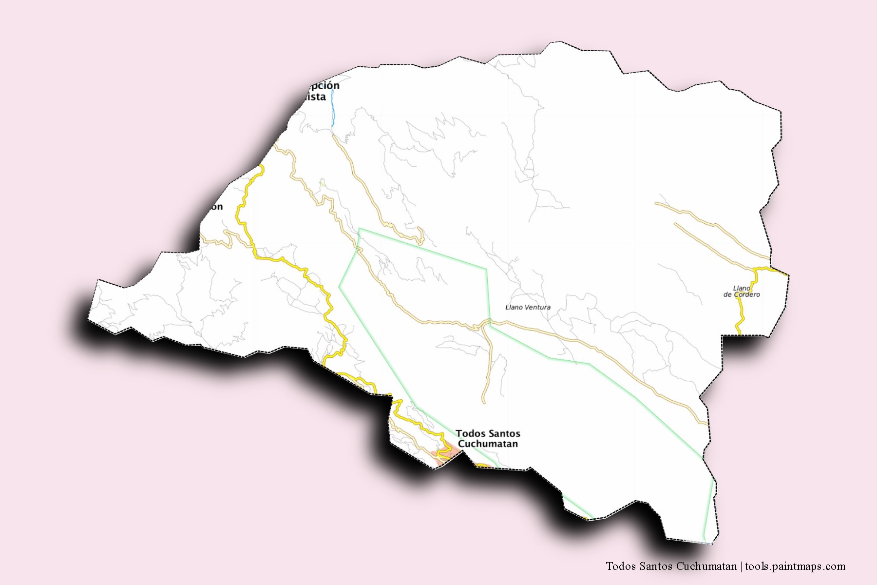 Mapa de barrios y pueblos de Todos Santos Cuchumatan con efecto de sombra 3D