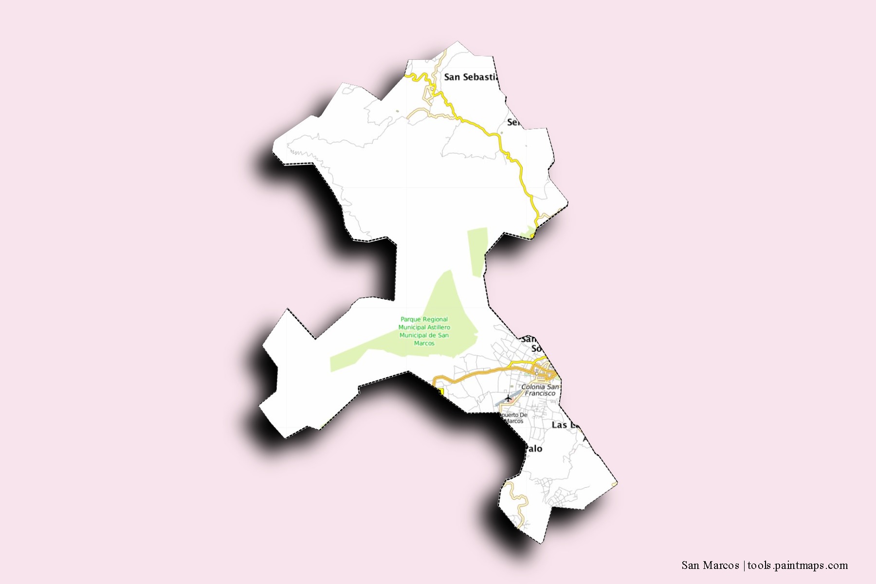 Mapa de barrios y pueblos de San Marcos con efecto de sombra 3D