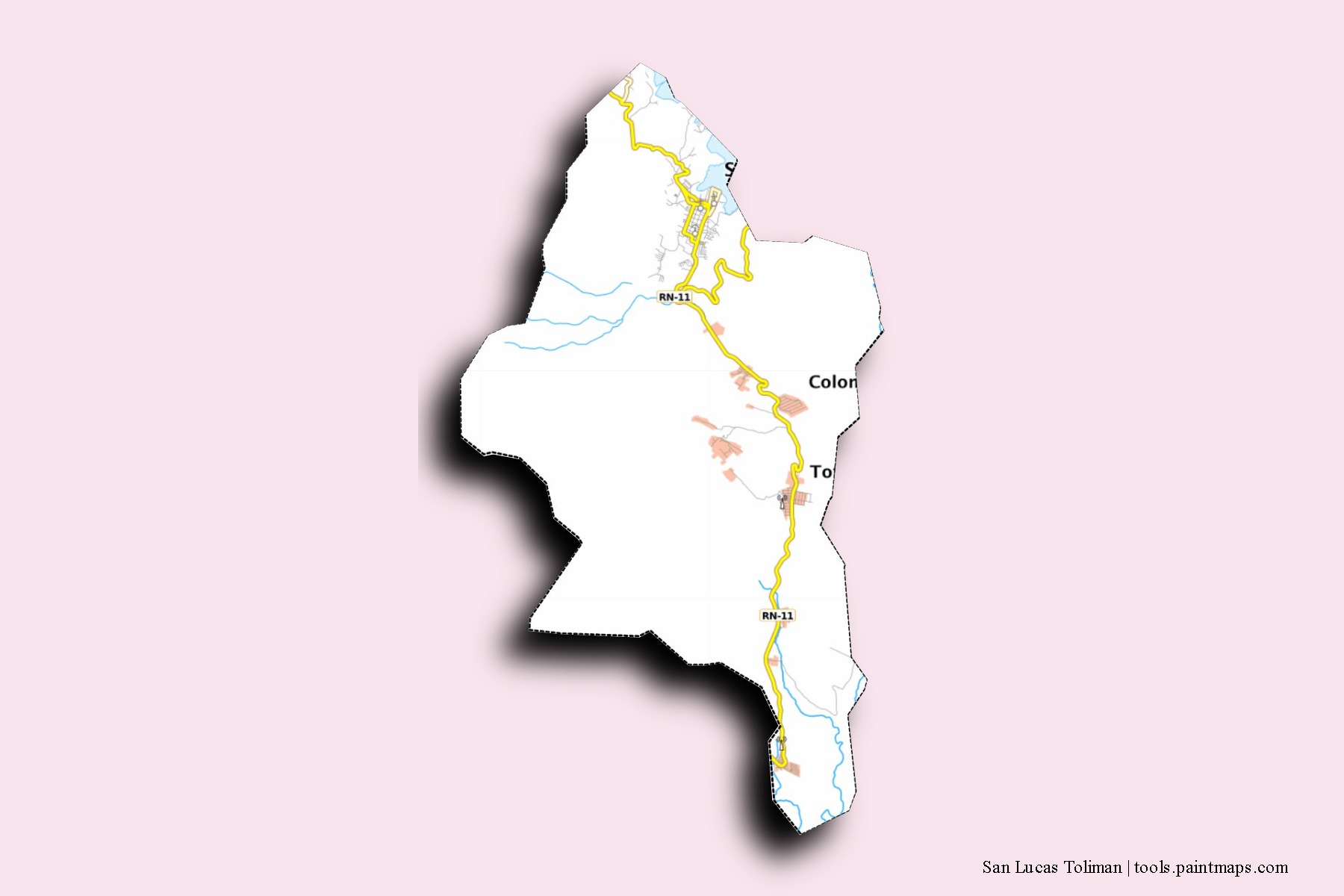 San Lucas Tolimán neighborhoods and villages map with 3D shadow effect