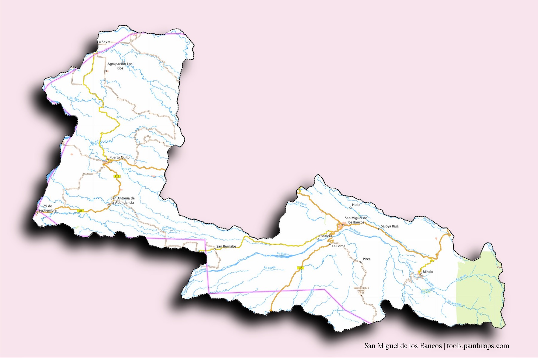 San Miguel de los Bancos neighborhoods and villages map with 3D shadow effect