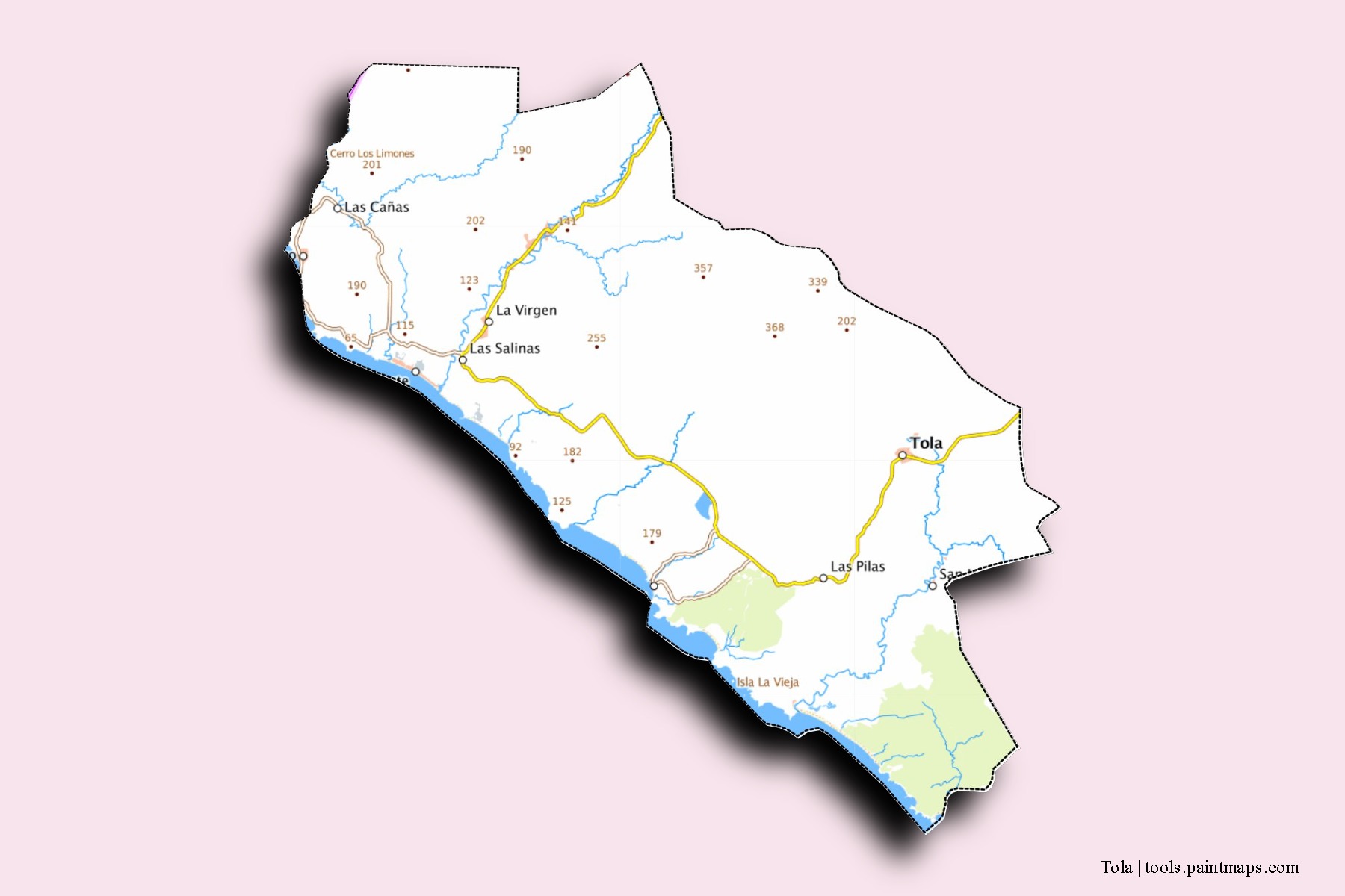 Mapa de barrios y pueblos de Tola con efecto de sombra 3D