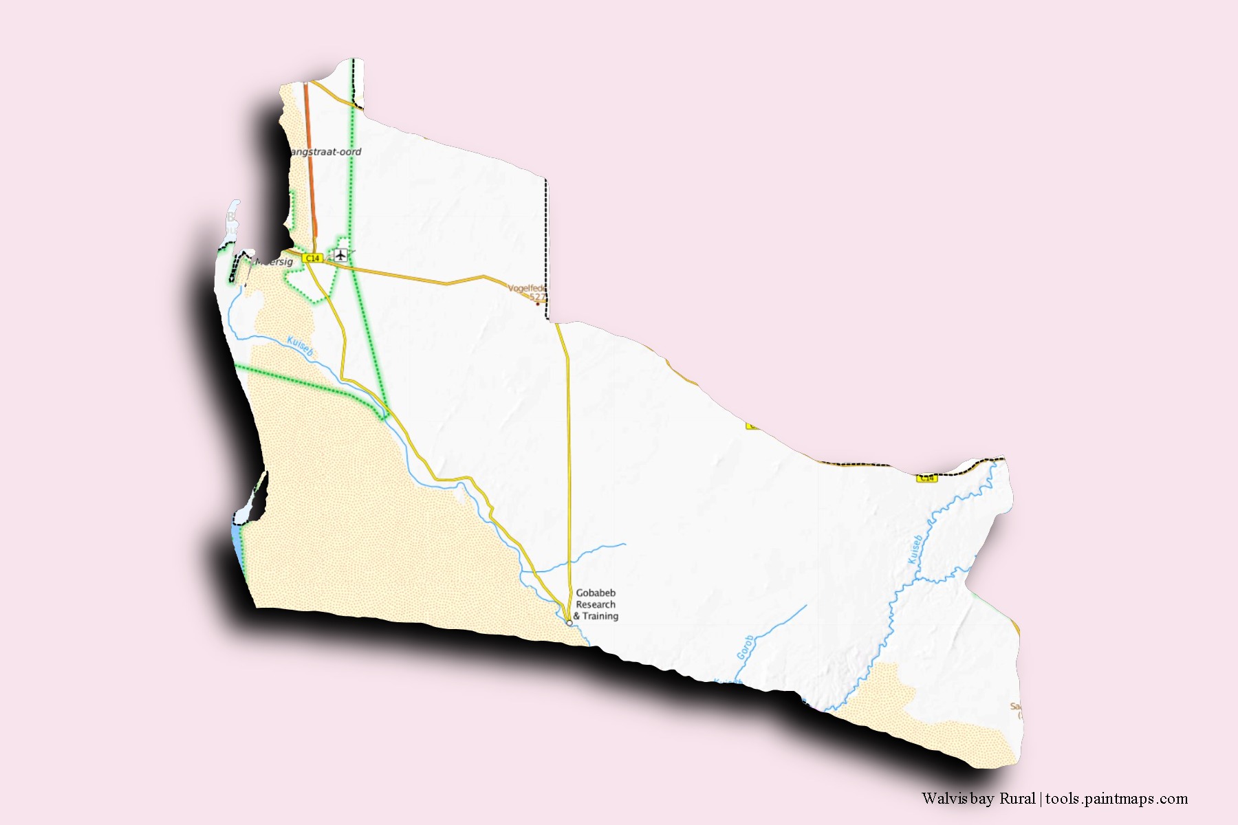 Mapa de barrios y pueblos de Walvisbay Rural con efecto de sombra 3D