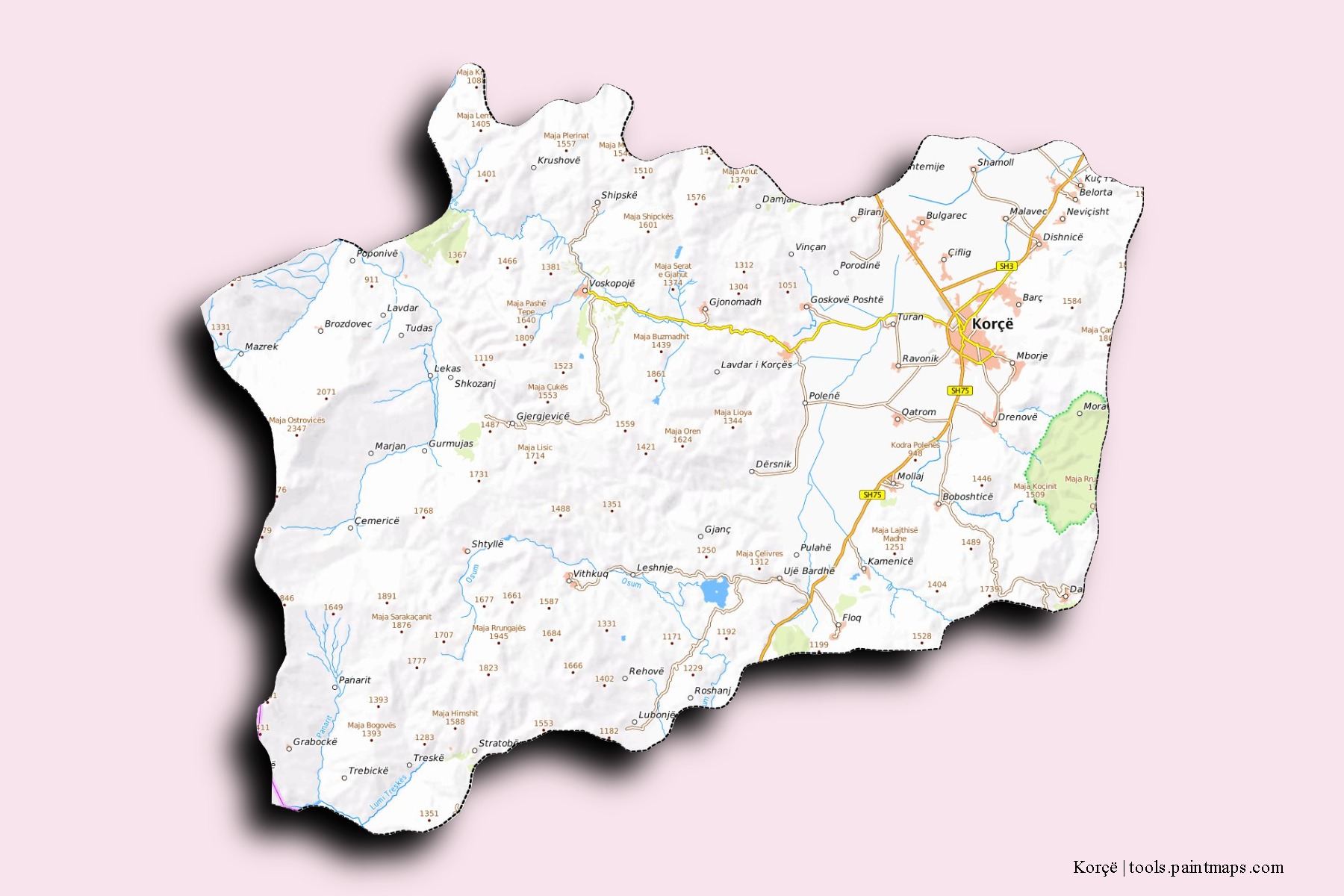 Mapa de barrios y pueblos de Korçë con efecto de sombra 3D