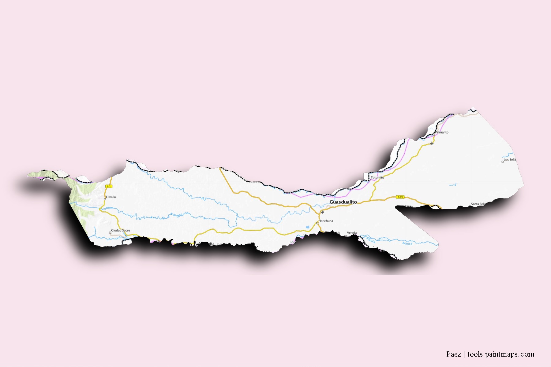 Mapa de barrios y pueblos de Paez con efecto de sombra 3D