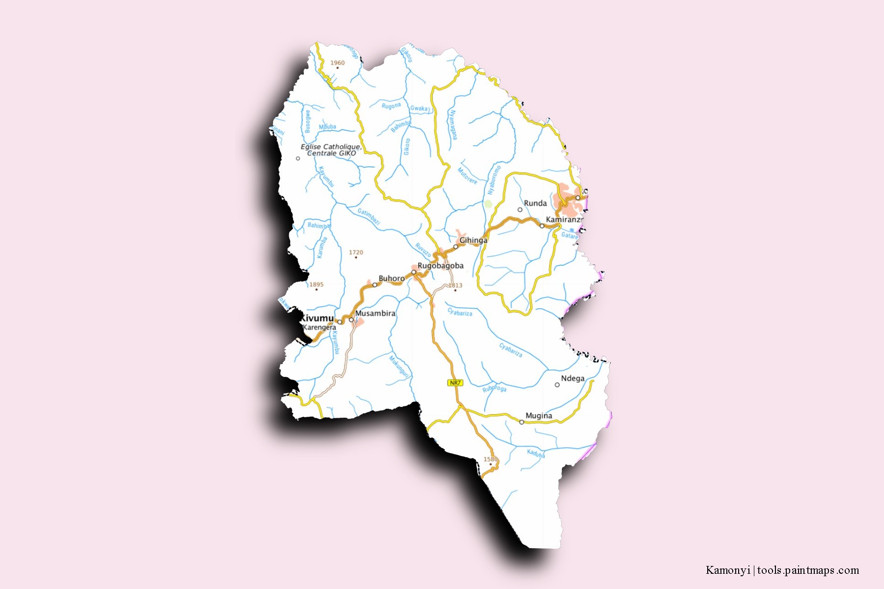 Kamonyi neighborhoods and villages map with 3D shadow effect