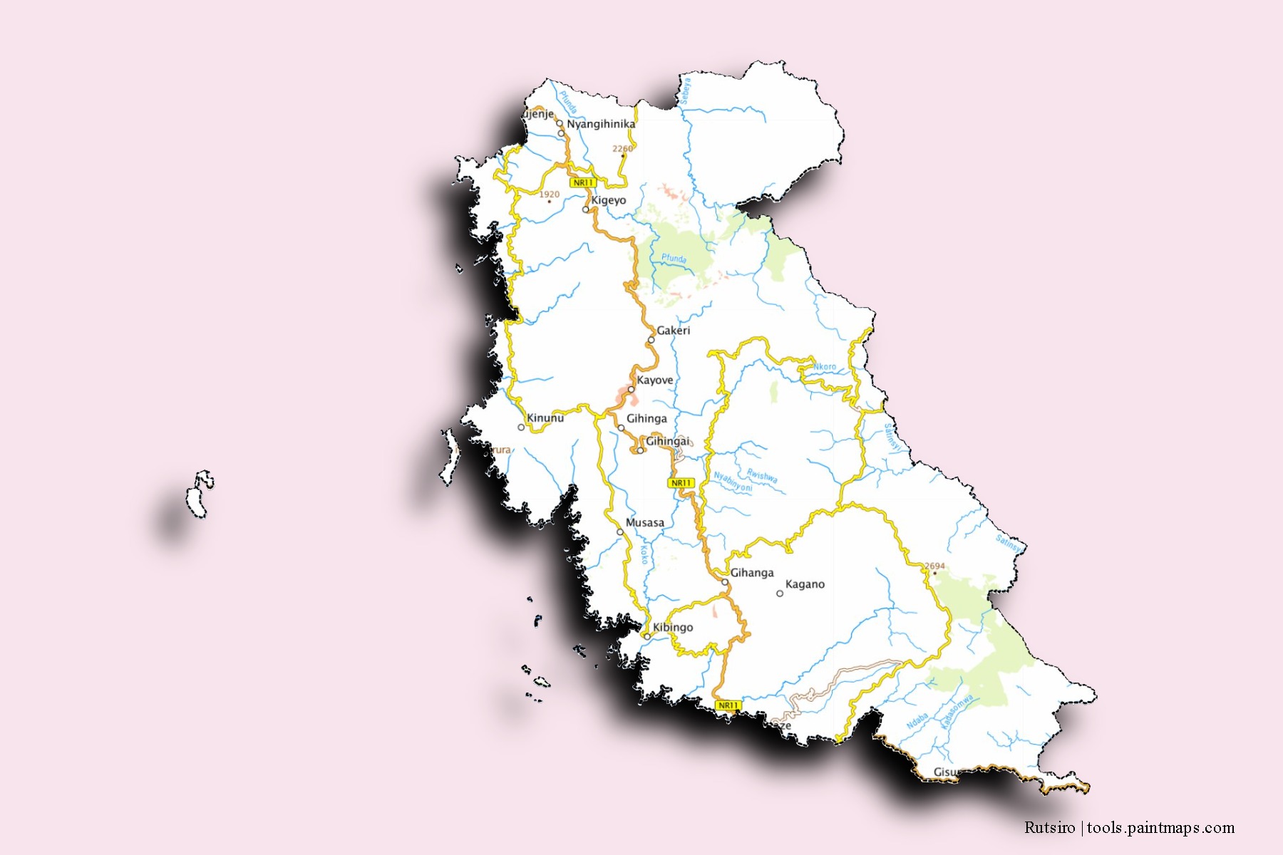 Mapa de barrios y pueblos de Rutsiro con efecto de sombra 3D