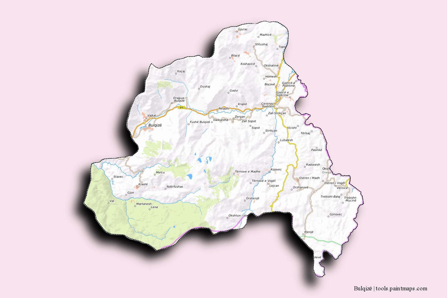 Mapa de barrios y pueblos de Bulqizë con efecto de sombra 3D