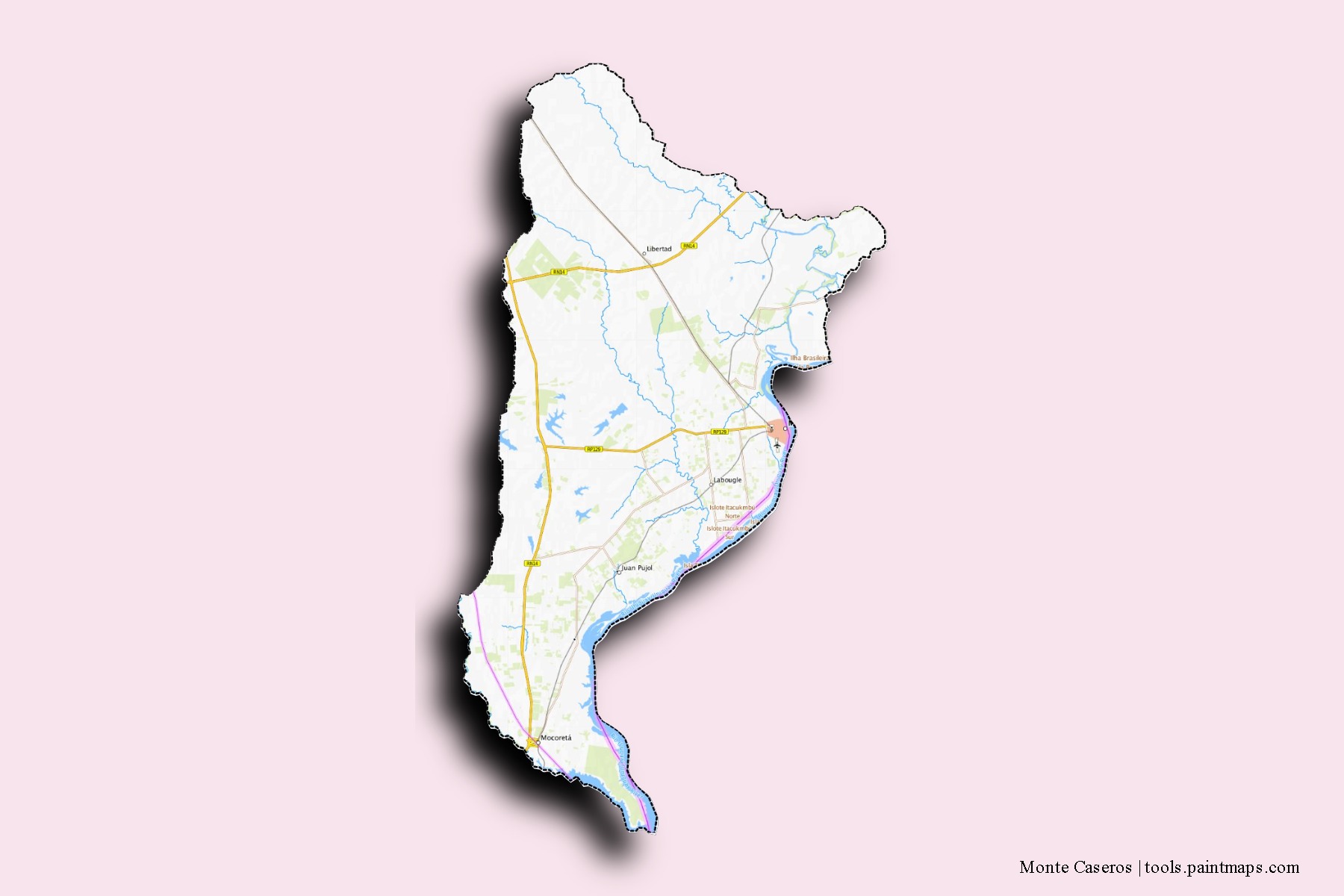 Mapa de barrios y pueblos de Monte Caseros con efecto de sombra 3D