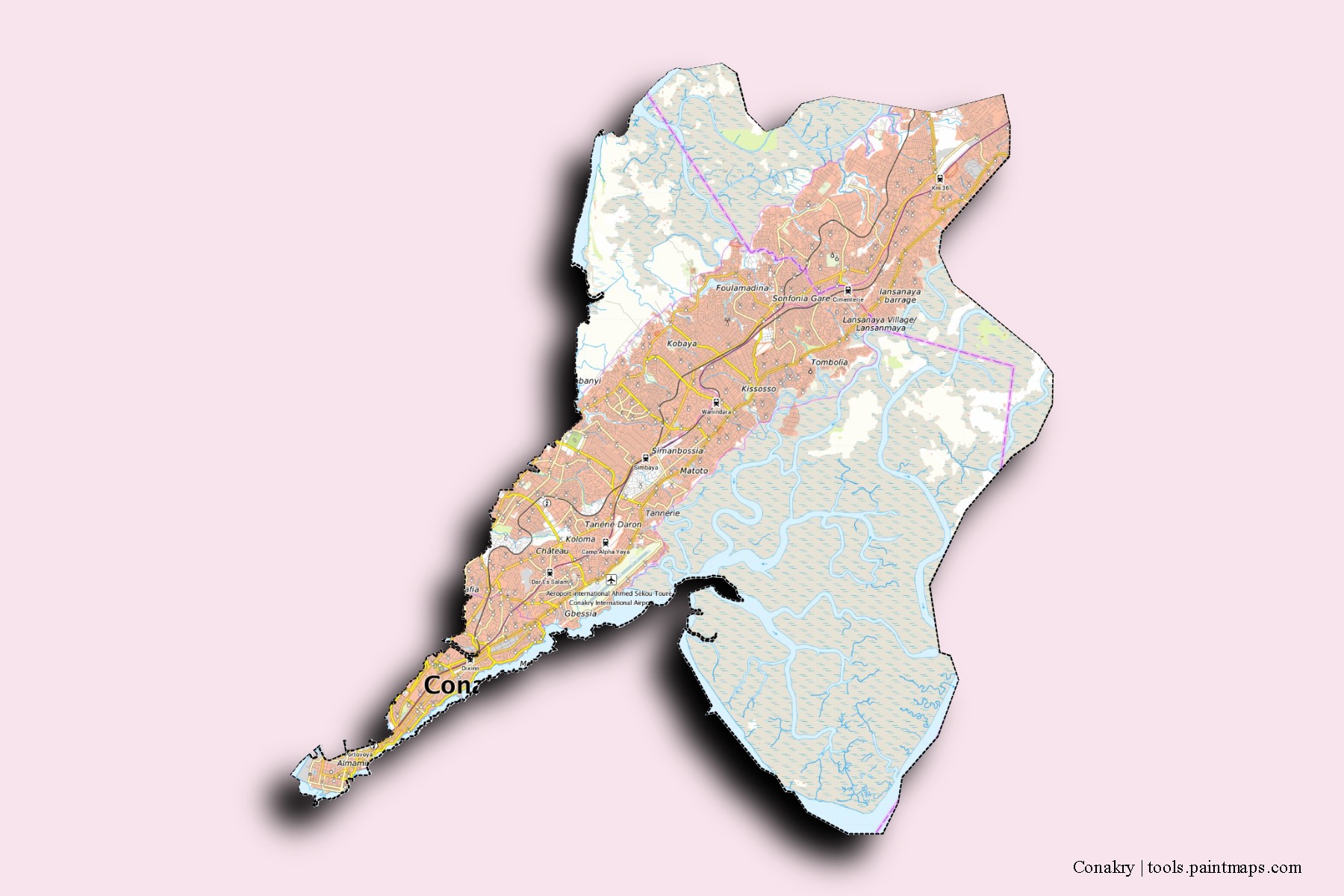 Conakry neighborhoods and villages map with 3D shadow effect