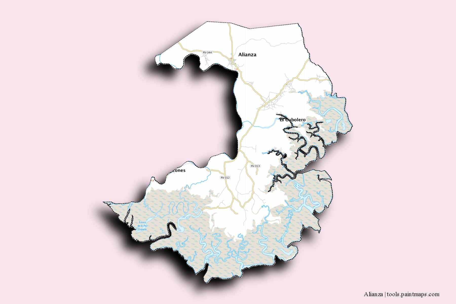 Mapa de barrios y pueblos de Alianza con efecto de sombra 3D