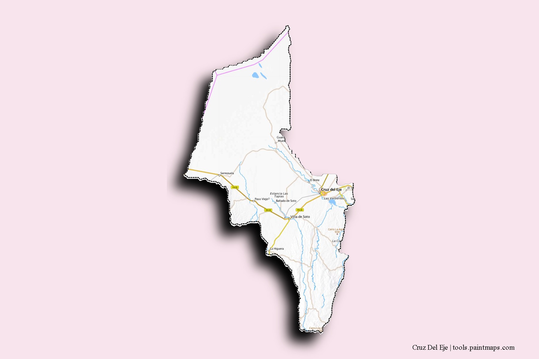 Mapa de barrios y pueblos de Cruz Del Eje con efecto de sombra 3D