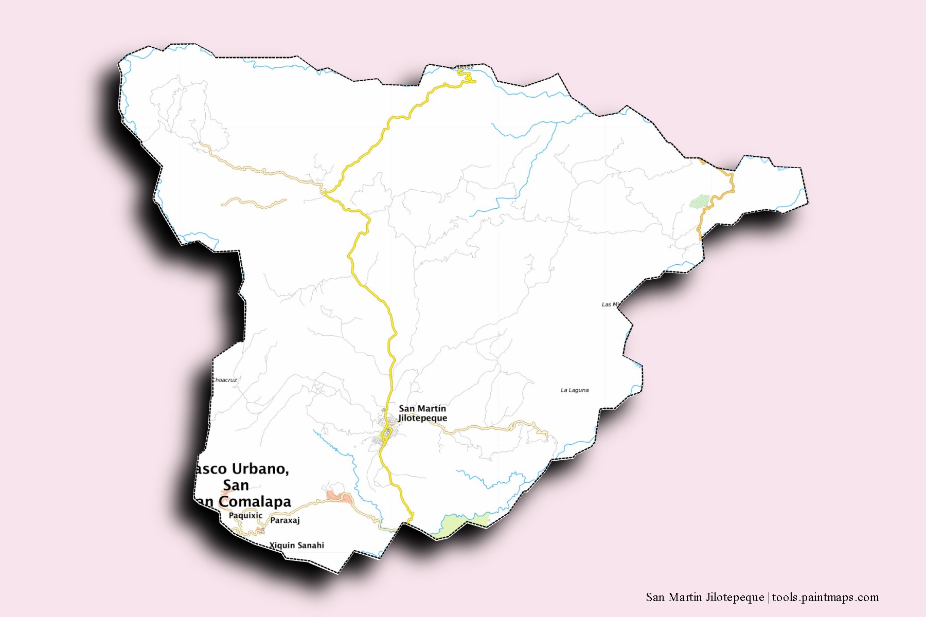 San Martín Jilotepeque neighborhoods and villages map with 3D shadow effect
