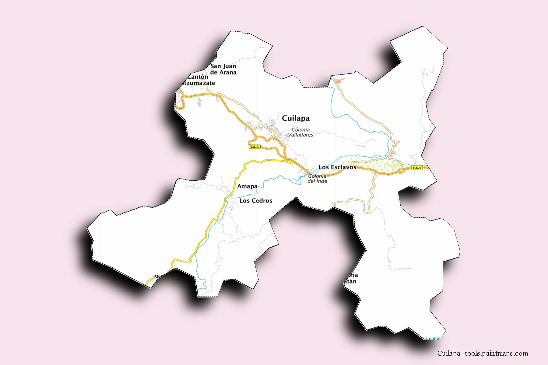 Mapa de barrios y pueblos de Cuilapa con efecto de sombra 3D