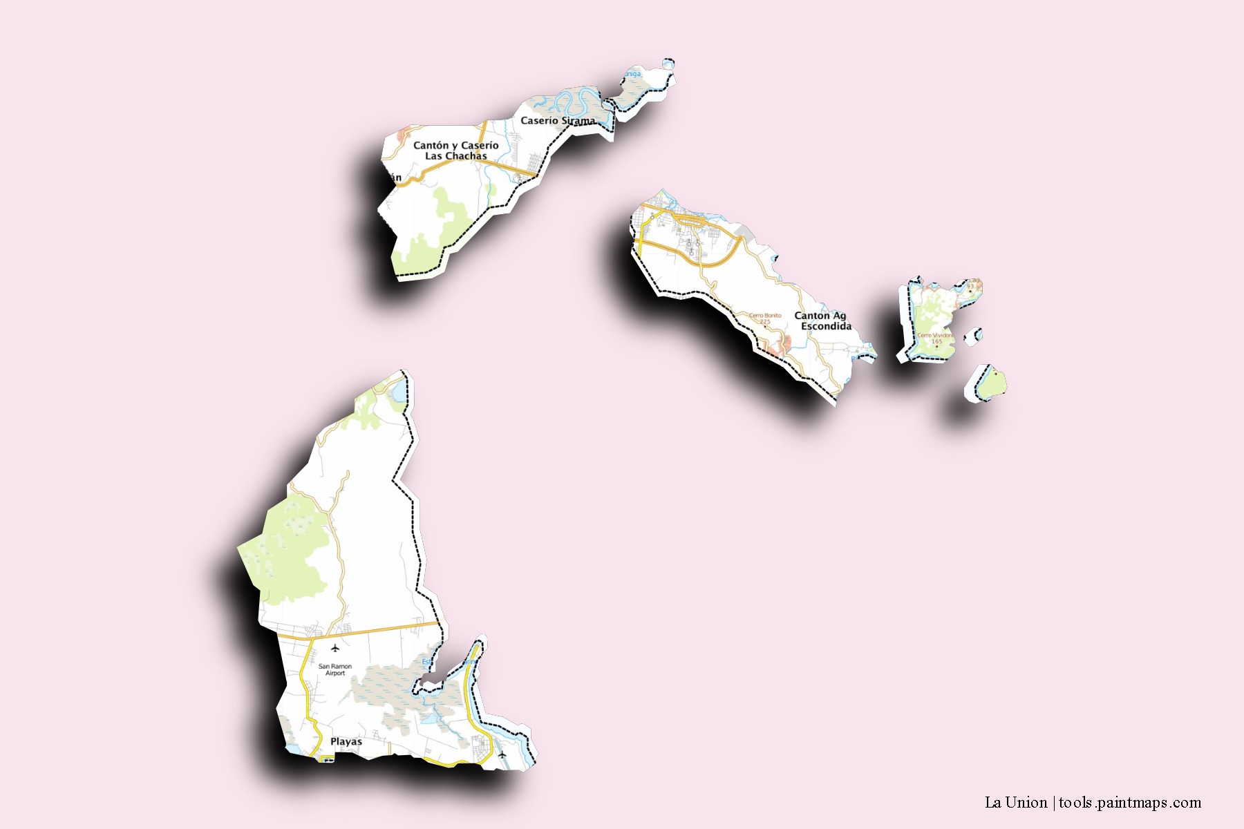 Mapa de barrios y pueblos de La Union con efecto de sombra 3D