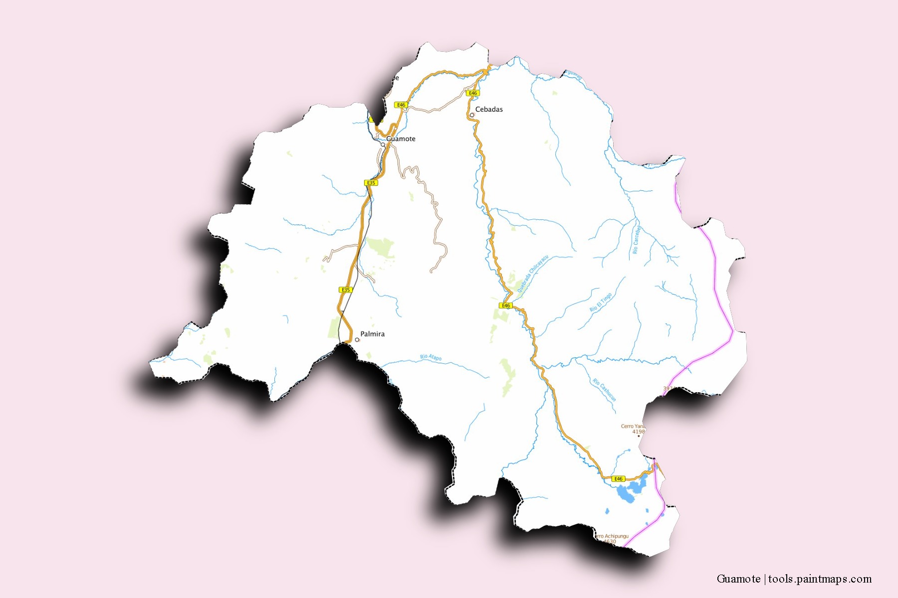 Mapa de barrios y pueblos de Guamote con efecto de sombra 3D