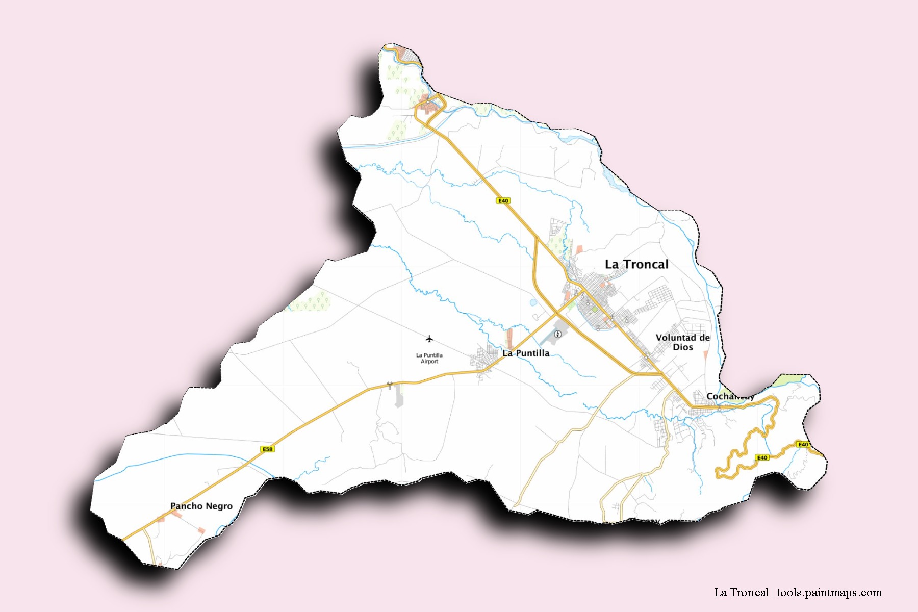 Mapa de barrios y pueblos de La Troncal con efecto de sombra 3D