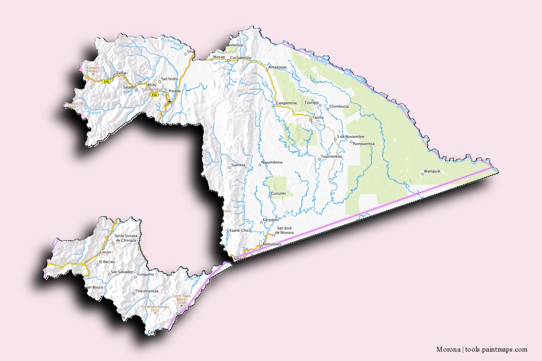 Morona neighborhoods and villages map with 3D shadow effect