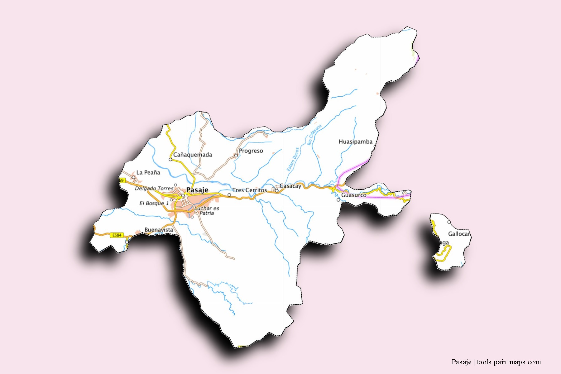 Mapa de barrios y pueblos de Pasaje con efecto de sombra 3D