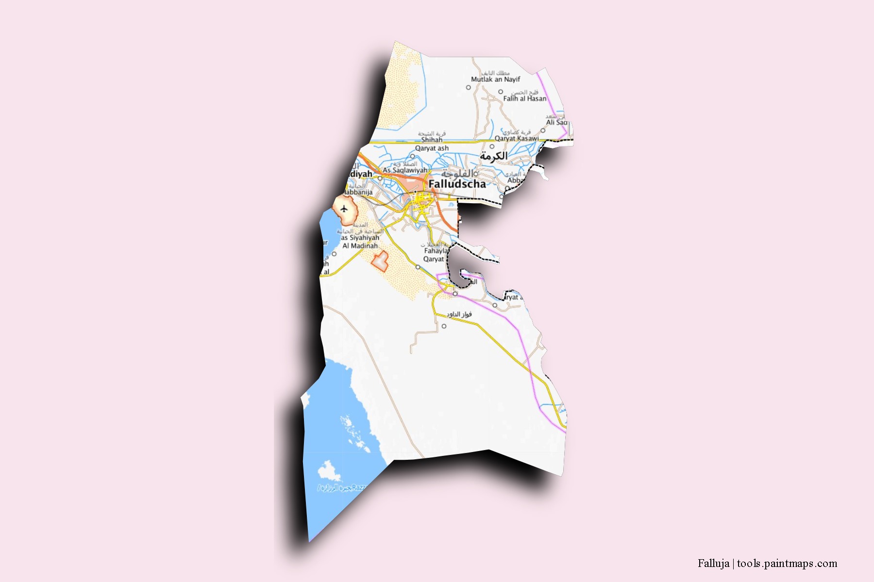 Falluja neighborhoods and villages map with 3D shadow effect