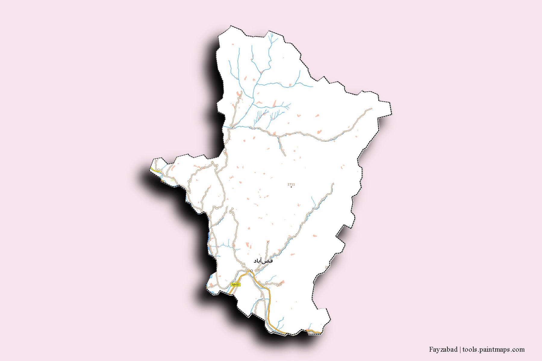 Mapa de barrios y pueblos de Fayzabad con efecto de sombra 3D