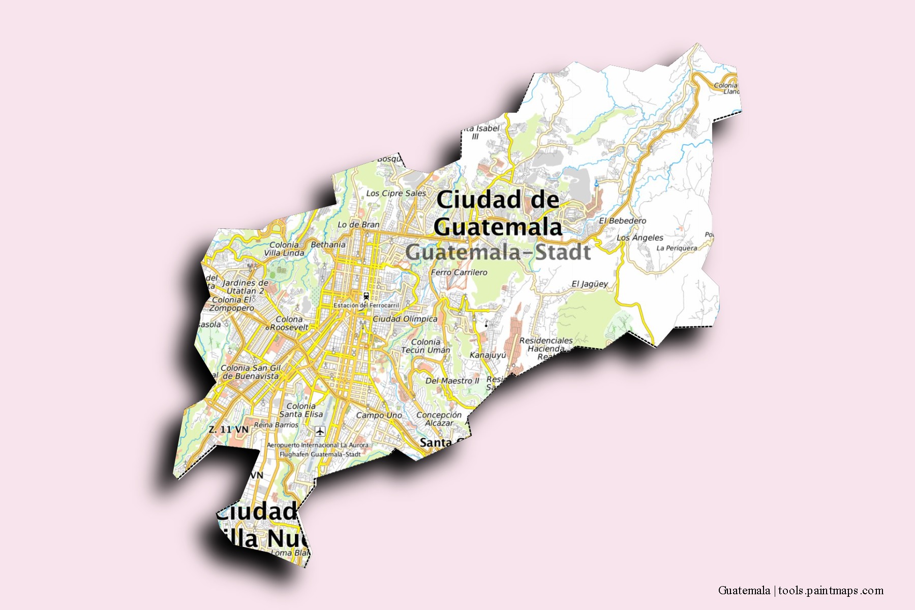 Ciudad Guatemala neighborhoods and villages map with 3D shadow effect