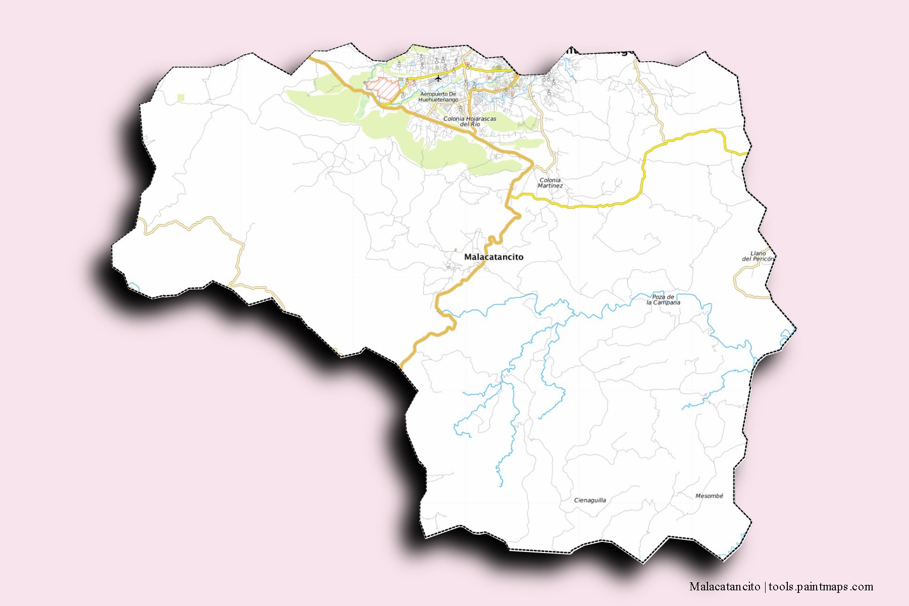 Mapa de barrios y pueblos de Malacatancito con efecto de sombra 3D