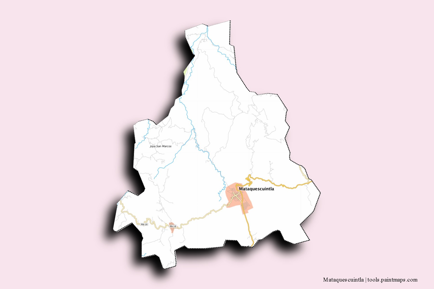 Mapa de barrios y pueblos de Mataquescuintla con efecto de sombra 3D