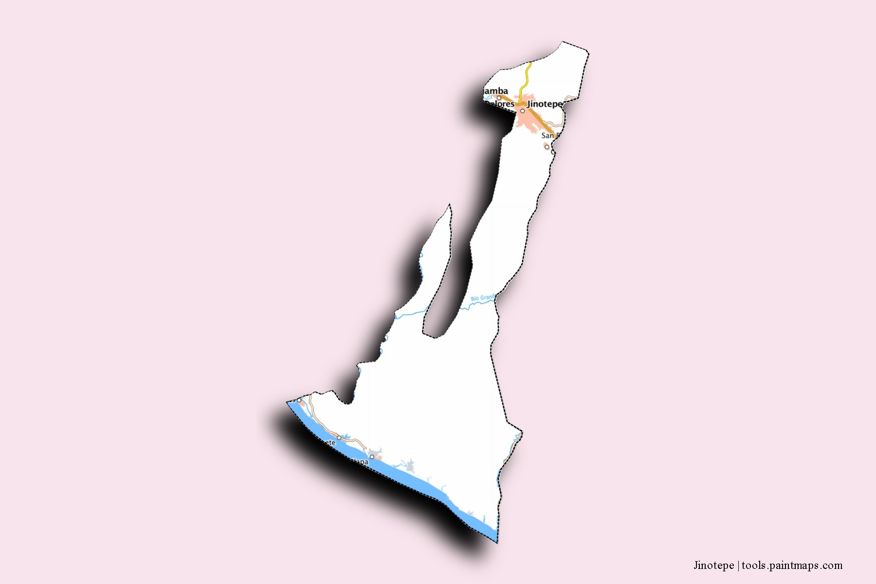 Mapa de barrios y pueblos de Jinotepe con efecto de sombra 3D