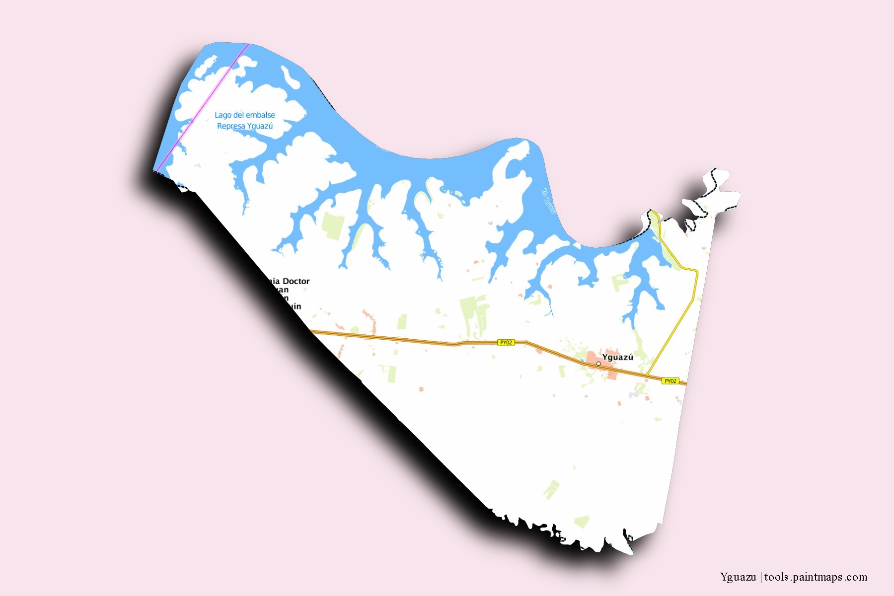 Yguazú neighborhoods and villages map with 3D shadow effect