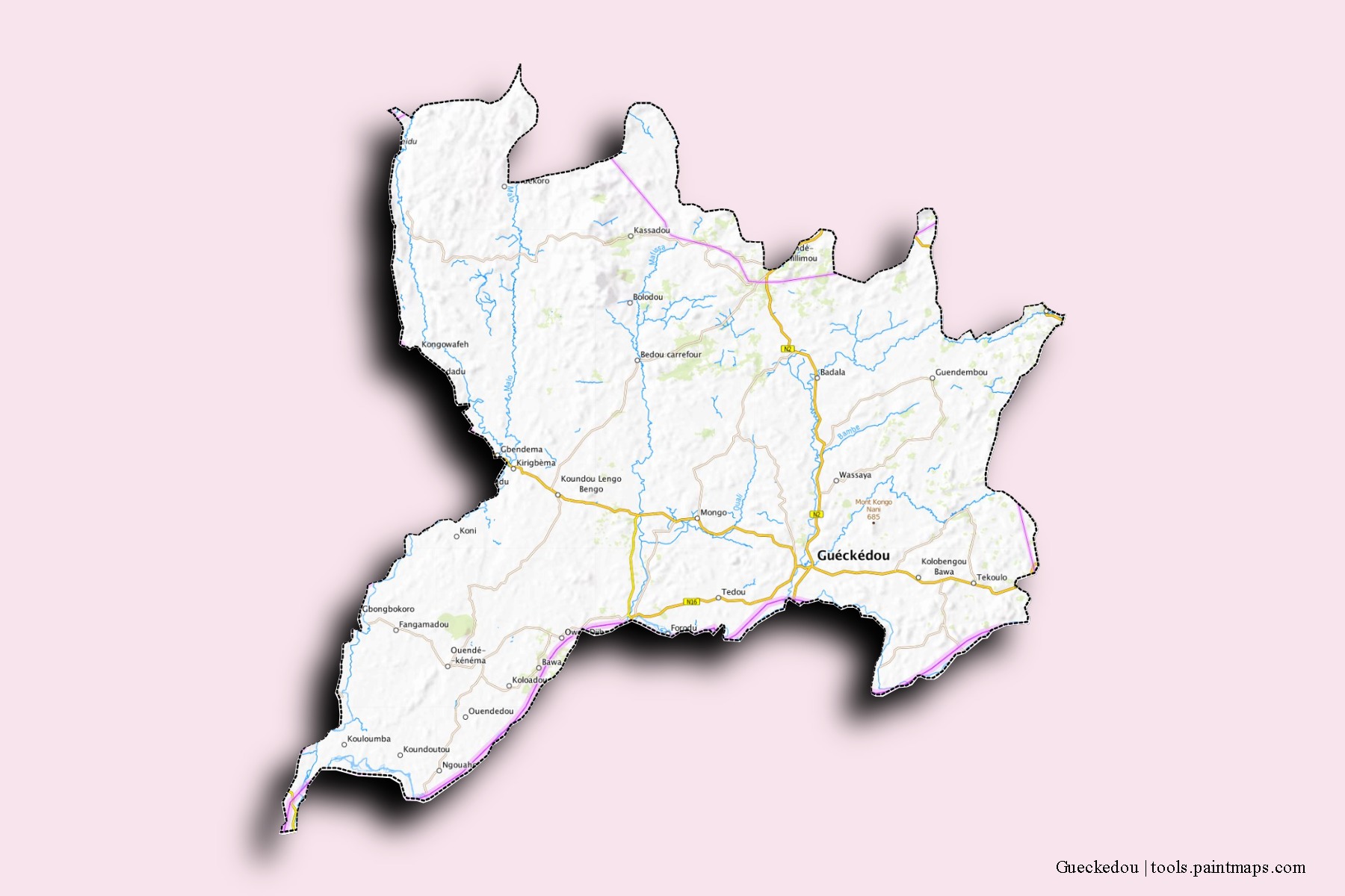 3D gölge efektli Guéckéedou Prefecture mahalleleri ve köyleri haritası