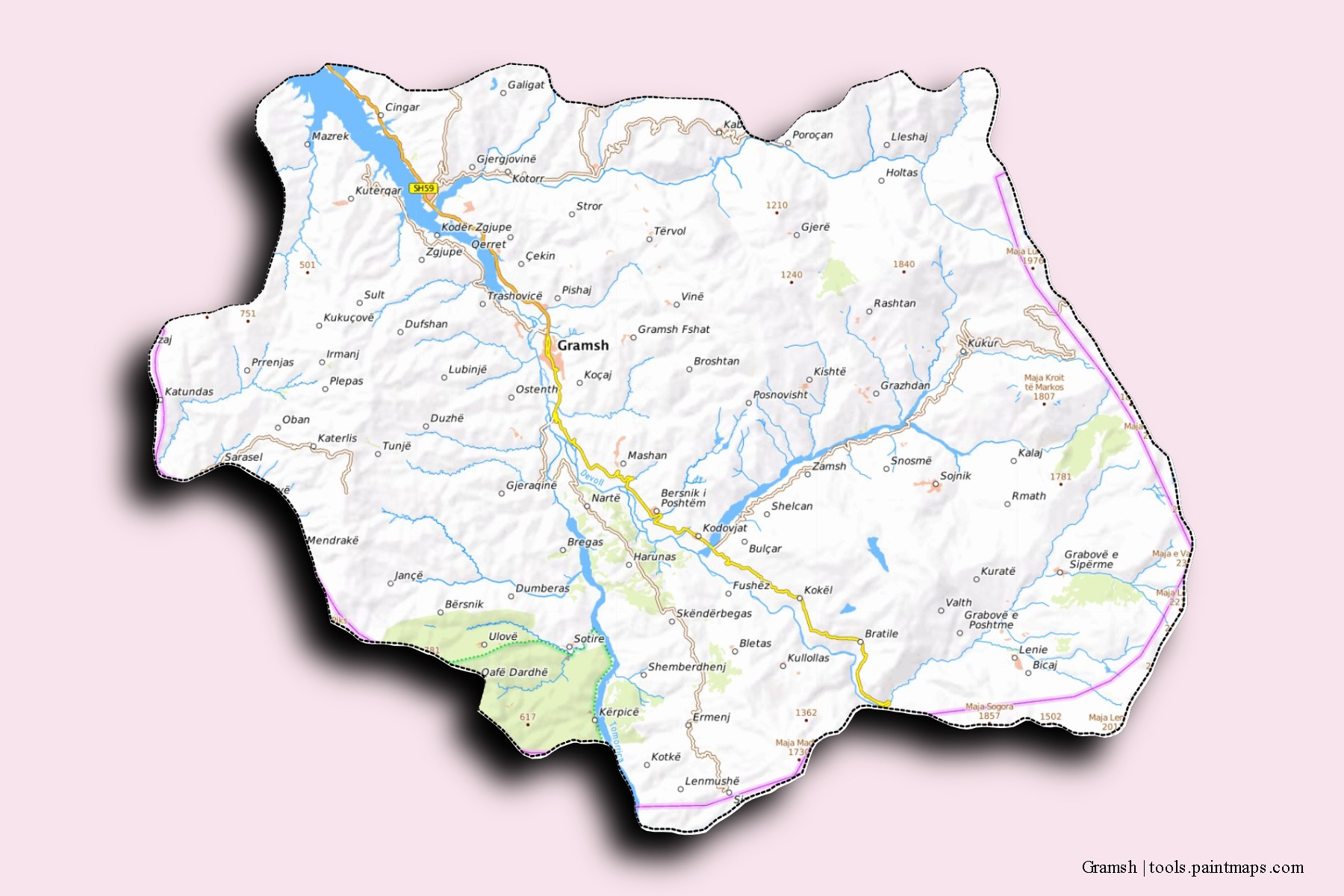 Mapa de barrios y pueblos de Gramsh con efecto de sombra 3D