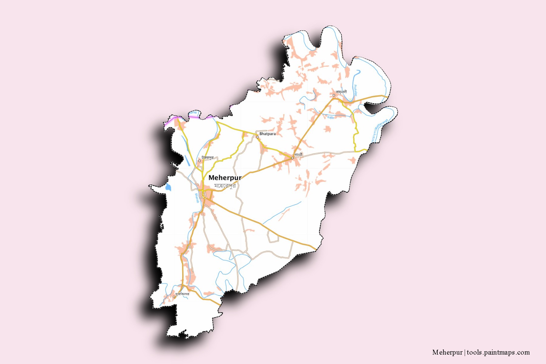 Mapa de barrios y pueblos de Meherpur con efecto de sombra 3D