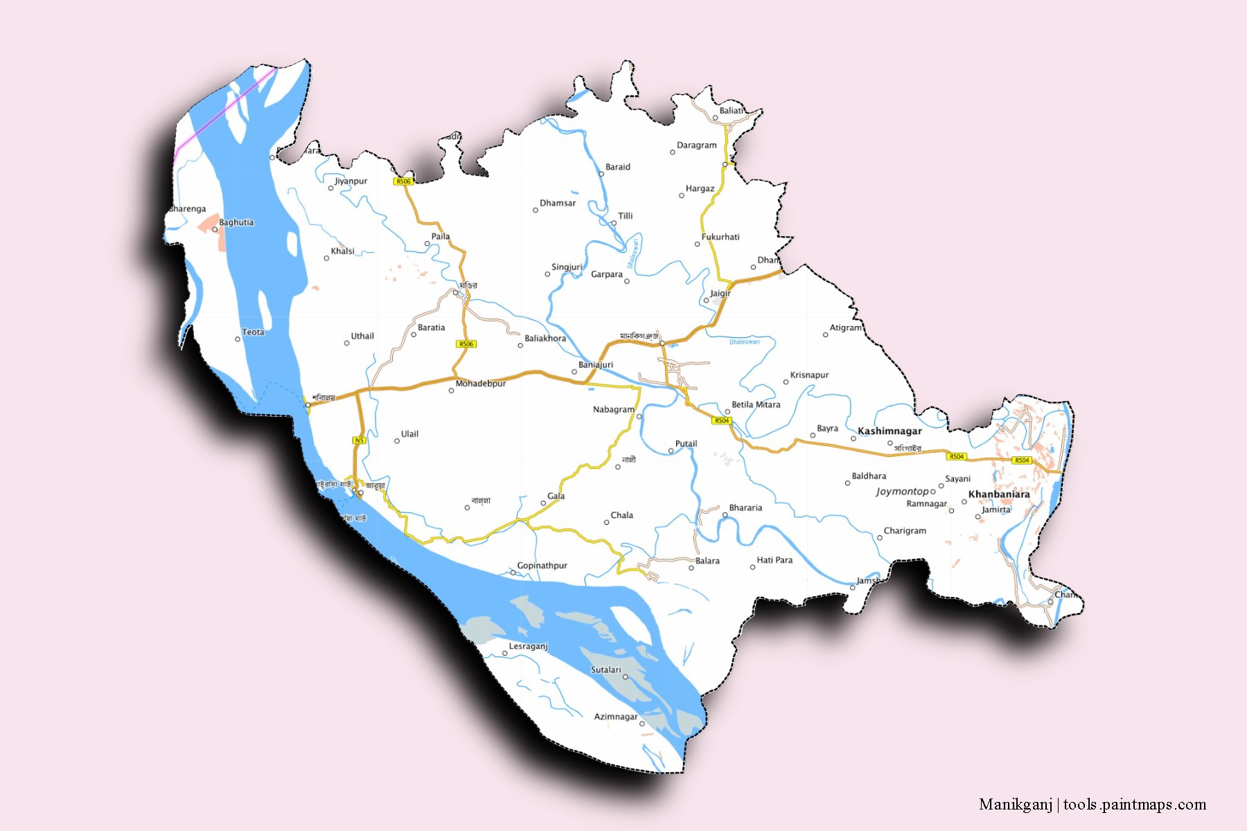 Mapa de barrios y pueblos de Manikganj con efecto de sombra 3D