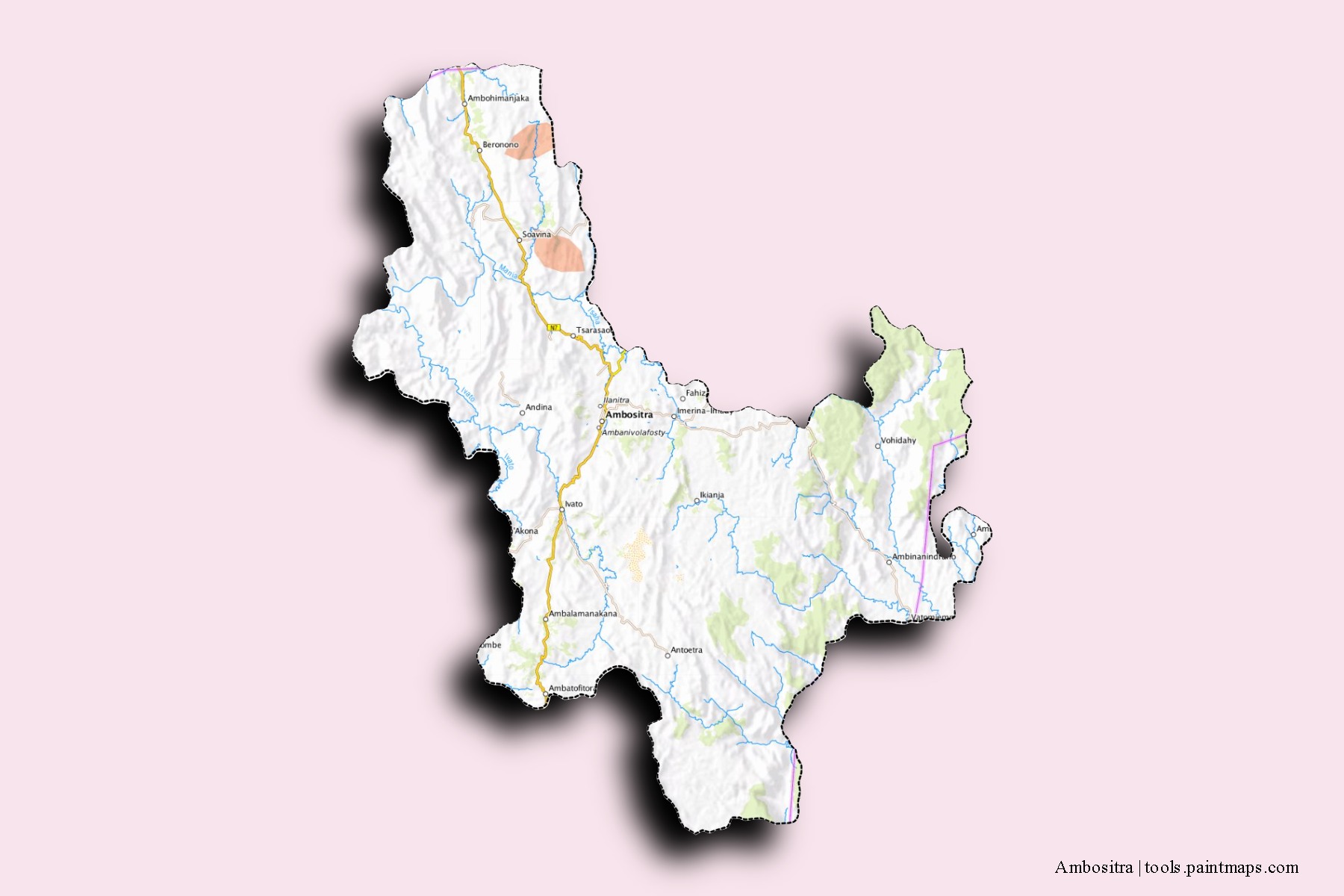 Ambositra neighborhoods and villages map with 3D shadow effect